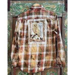 Upcycled Distressed Flannel| Owl Vintage Patchwork| Cottage core| Men's Medium